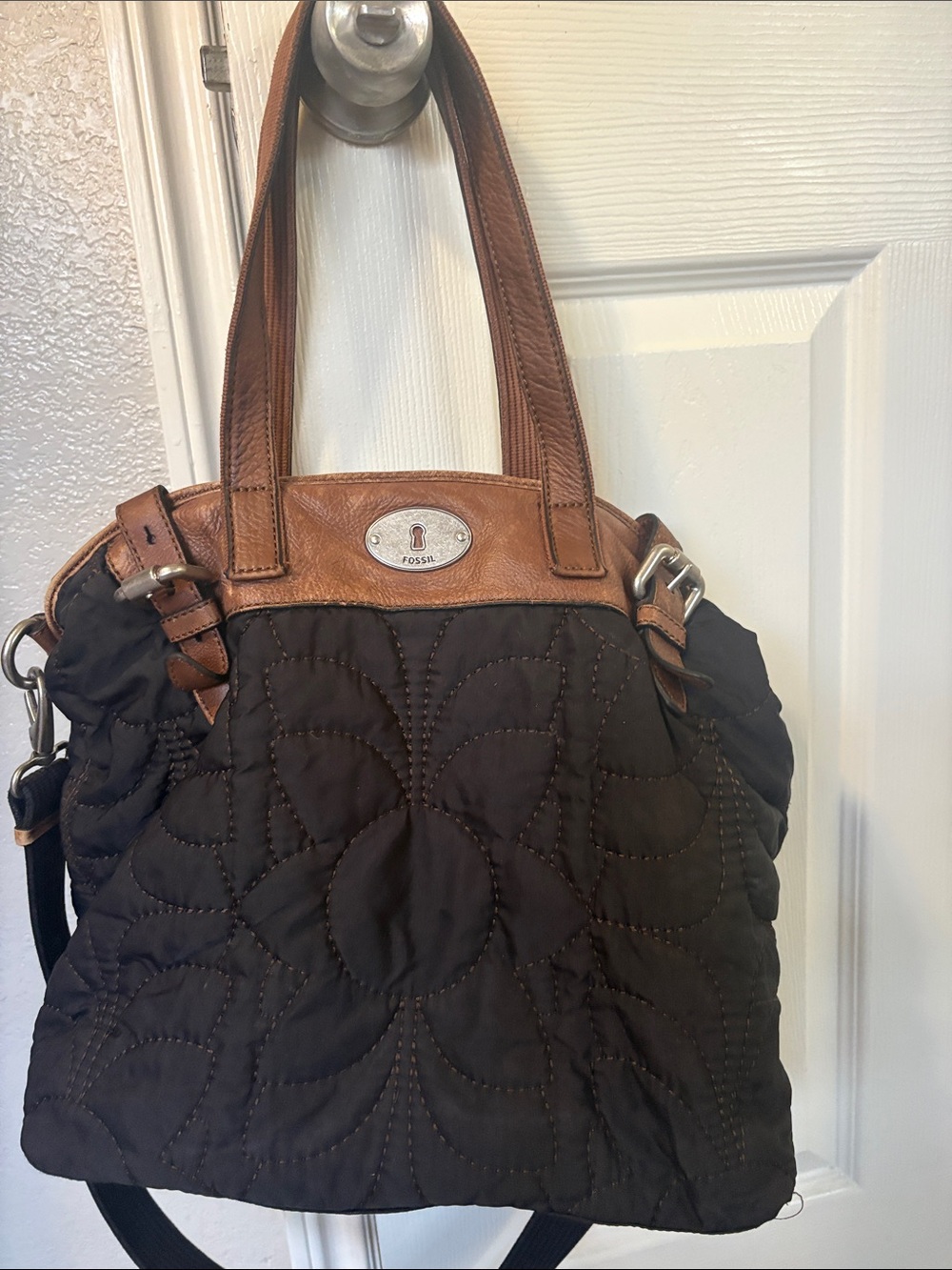 Fossil Quilted black Shoulder Tote with Tan Leather Trim